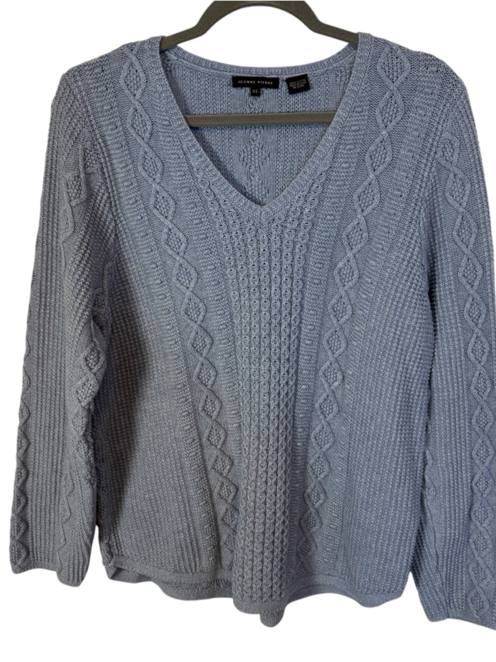 JEANNE PIERRE Sky Blue Cable Knit V-Neck Sweater 100% cotton Size XL
